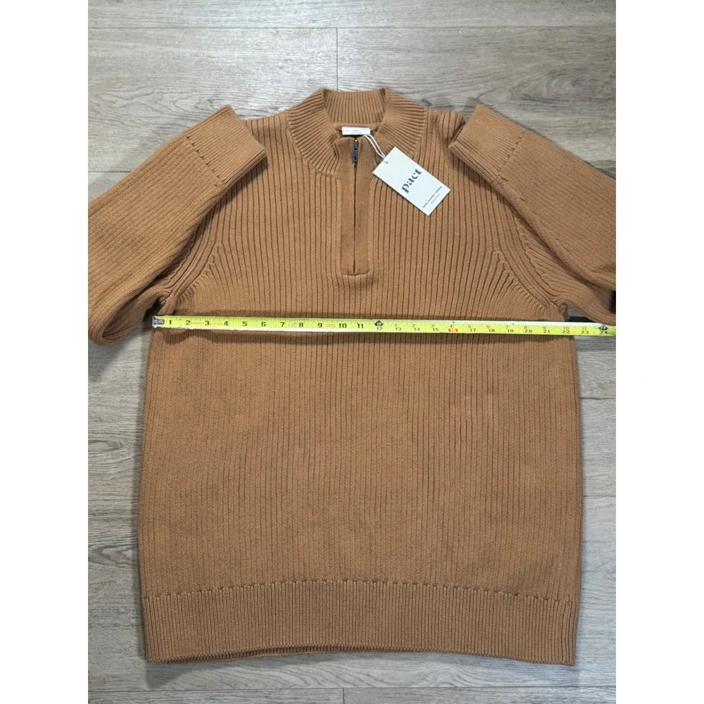 Pact Organic Cotton Quarter Zip Ribbed Sweater Mens XL Camel Brown New
